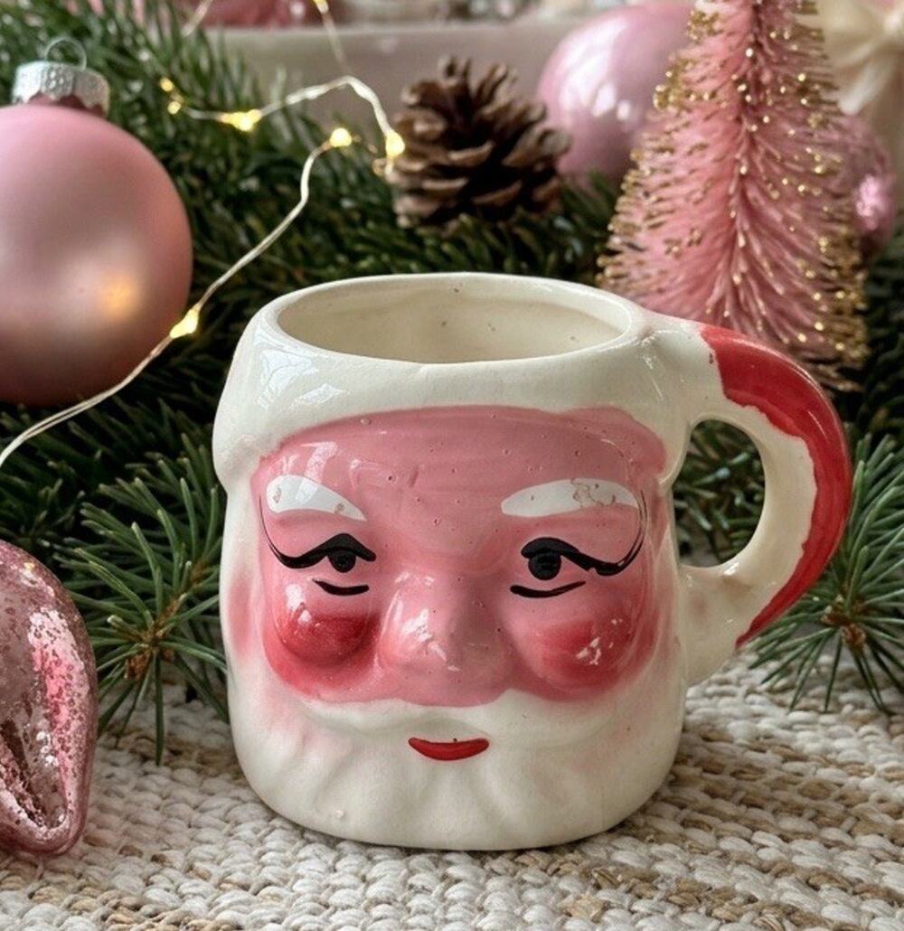 Vintage Pink Face Santa Mug 1.75” Christmas Figurine Ceramic MCM Collectible 50s